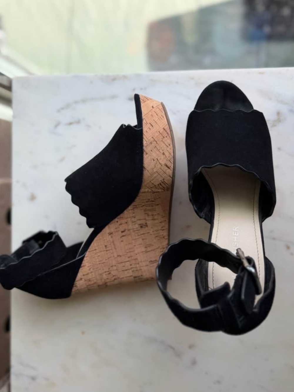 Marc Fisher 8 Platform Wedges Black Suede Cork Halo
